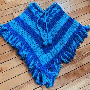 Blue Crochet Poncho with Fringe